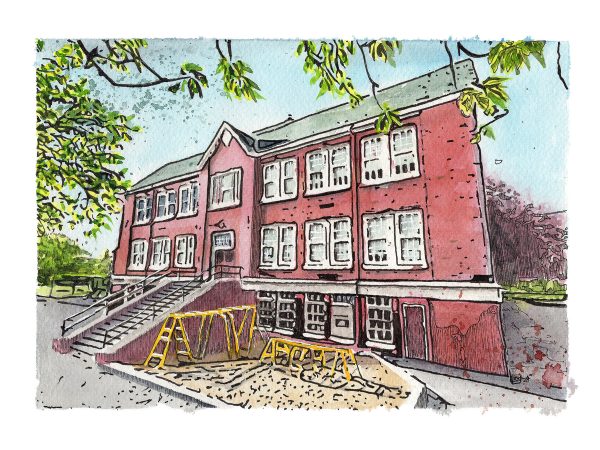 Hand painted art of the Henry Hudson school house for sale.